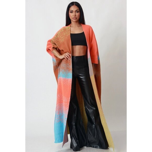 Women OMBRE OPEN FRONT LONG CARDIGAN COAT - Picture 4 of 4